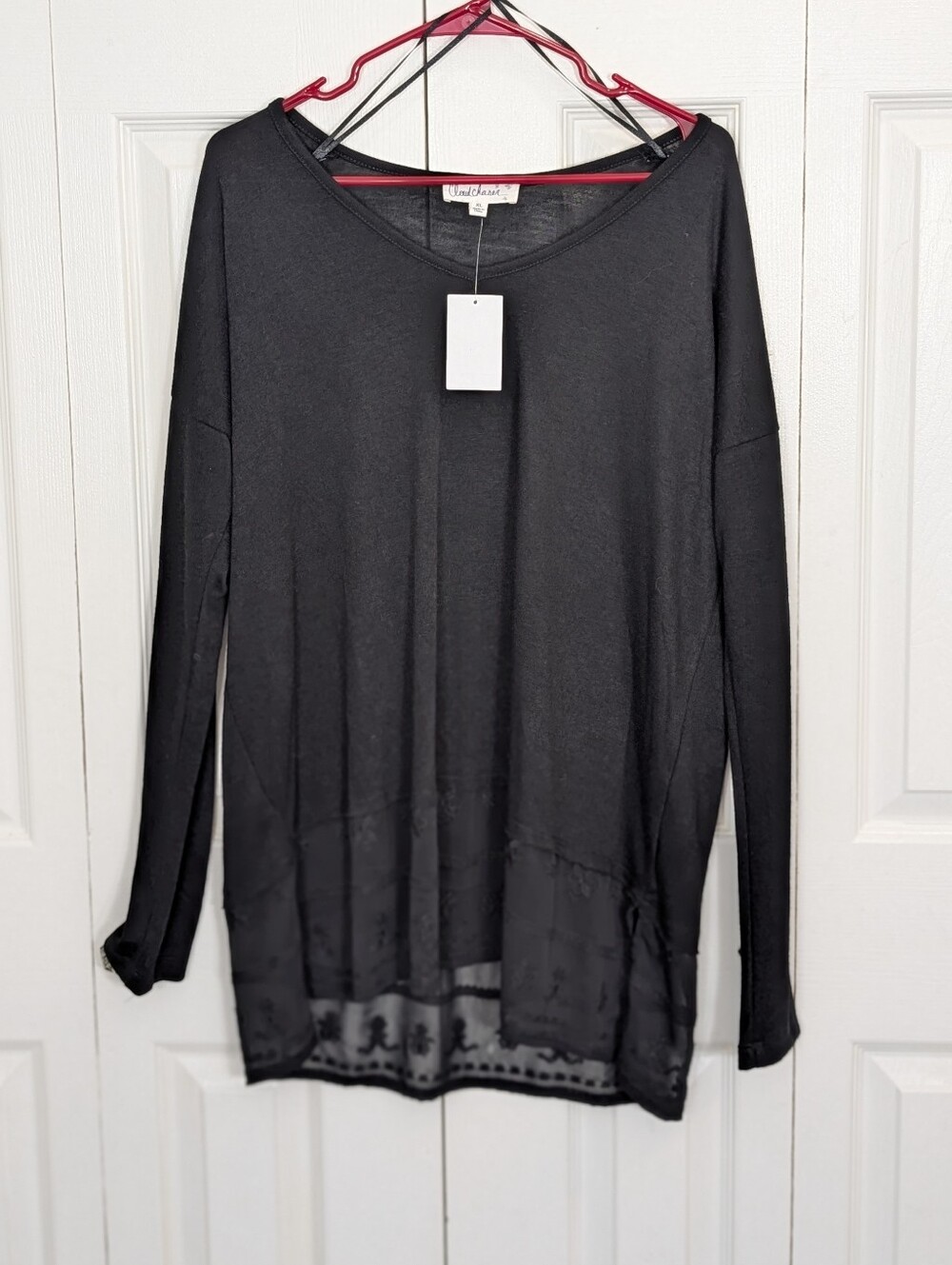 NWT Cloud Chaser: Black Long-Sleeve Sweater with Sheer Lace Hem - Size XL